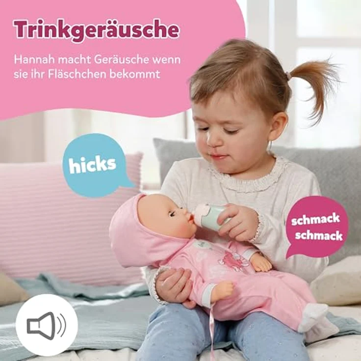 Baby Born Hannah Spiel mit mir, Babypuppe mit weichem Stoffkörper, 36 cm, interaktive Geräusche, inkl. Fläschchen und Schnuller – Bild 5