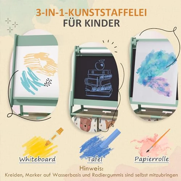 AIYAPLAY 3 in 1 Kinder Staffelei, Doppelseitig mit Tafel und Whiteboard, Grün, 54 x 46,5 x 93 cm, inkl. Aufbewahrungskörben für Kunstutensilien – Bild 3