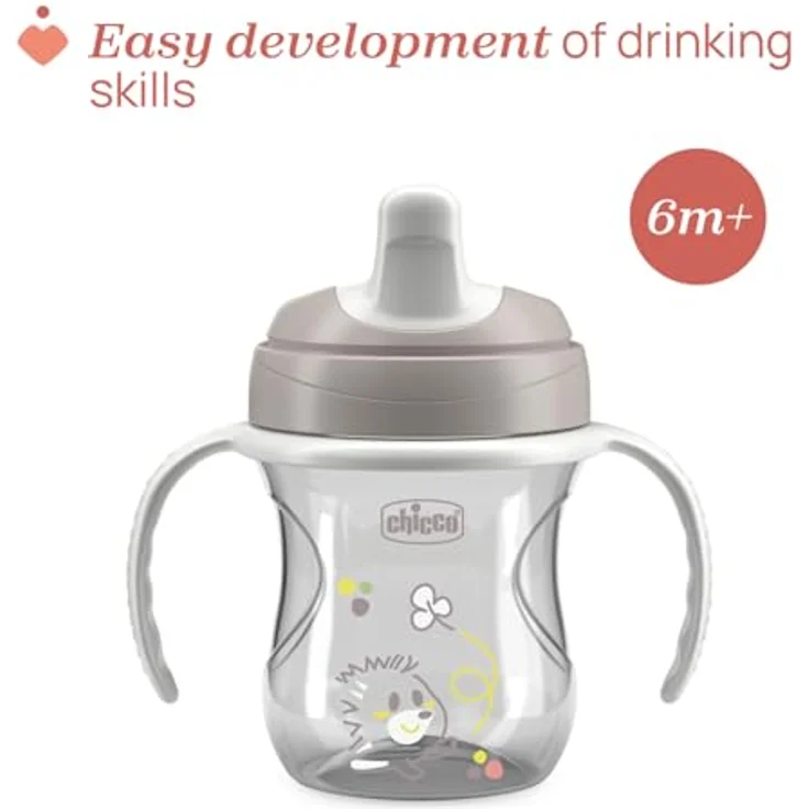 Chicco Training Trinklernbecher, auslaufsicherer Kunststoffbecher mit ergonomischer halbweicher Tülle, Ventil und abnehmbaren Griffen, Grau, geeignet für Babies ab 6 Monaten – Bild 3