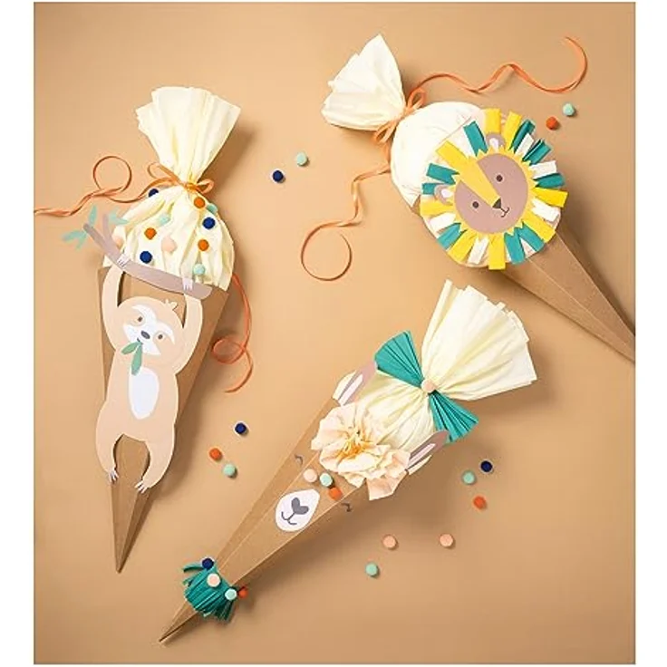 folia 92703 - Schultüte Bastelset SAFARI SCHOOL, Bastelmaterial für eine Zuckertüte, gestaltbar als Lama, Löwe oder Faultier, ca. 68 cm – Bild 2