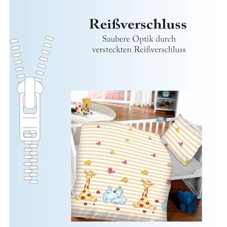 Bestlivings Kinder Bettwäsche 2-TLG (100x135cm / 40x60cm) Set - 100% Baumwolle, Motiv Elefant & Giraffe, Babybettwäsche in Weiß – Bild 3