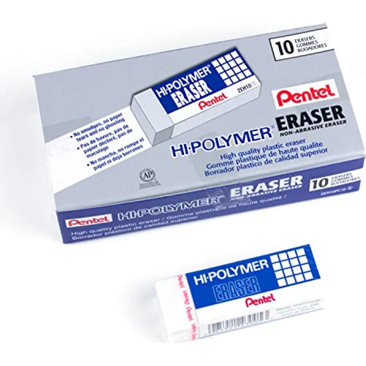 Pentel Hi-Polymer Block Eraser, Large, White, Pack of 10 ZEH-10 Erasers (ZEH10PC10)