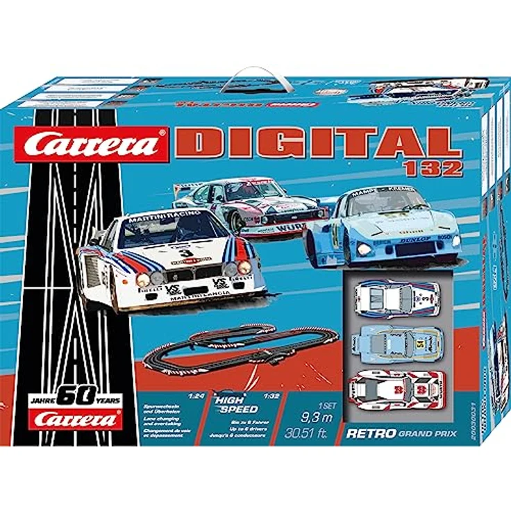 Carrera I Retro Grand Prix I Digitale Rennbahn I Inkl 3 legendäre Autos und Sammlertafel I Bis zu 6 Fahrer gleichzeitig I Originalgetreue Fahrzeuge I Maßstab 1:32 I GhostI und SafetycarIFunktion – Bild 1