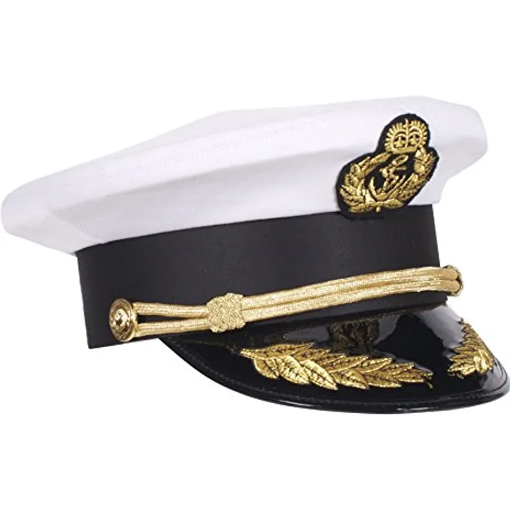 Thetru Admiralsmütze weiss, Kostümzubehör mit goldenem Emblem und Kordeln, einteilig, Universalgröße für Erwachsene