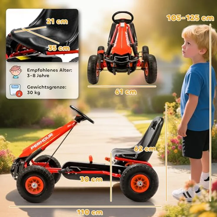 AIYAPLAY Go-Kart Tretauto mit Handbremse, verstellbarem Sitz und Pedalantrieb für Kinder 3-8 Jahre, Rot – Bild 7