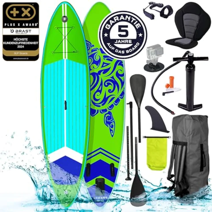 BRAST SUP Board SUPER Set Aufblasbares Stand up Paddle mit extra Zubehör 320x81x15cm Grün incl. Kajaksitz Kamerahalterung Paddel Fußschleife Rucksack Pumpe - Preisvergleich – Bild 8