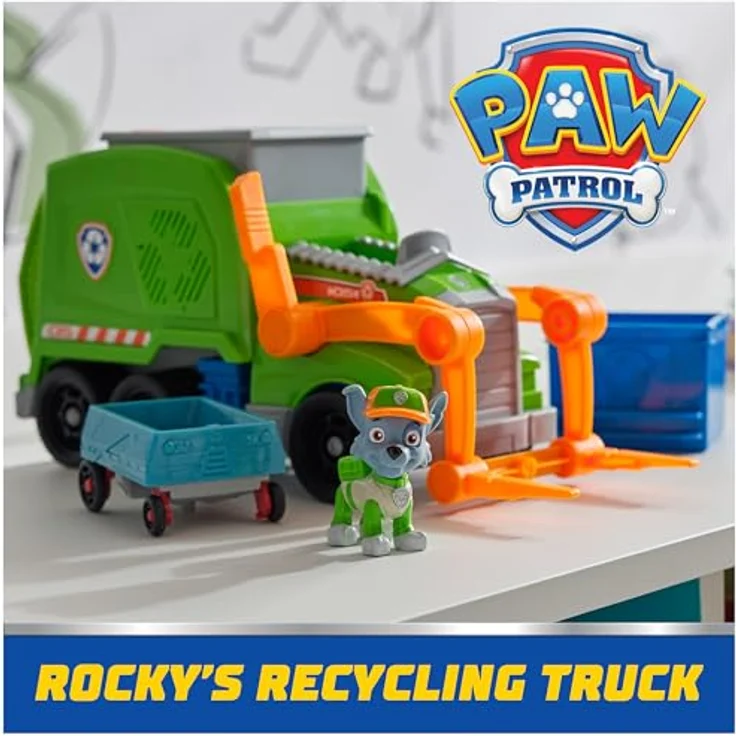 Paw Patrol Rocky's Recycling Truck, Deluxe Spielzeugfahrzeug mit 7 cm Rocky Figur und Funktion zum Verladen von Müll – Bild 3