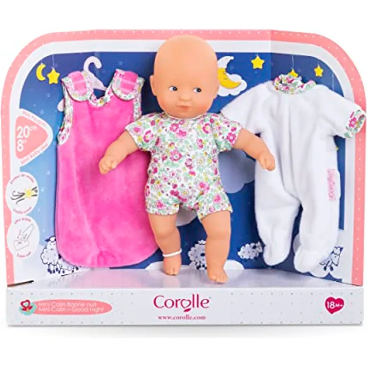 Corolle 9000120260 Mini Calin Gute Nacht Set, Weichkörperpuppe in süßem Strampler, mit Pyjama und Schlafsack, Vanilleduft, 20cm, ab 18 Monate