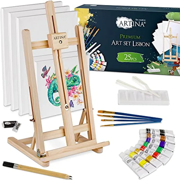 Artina 25tlg. Premium Malset mit Tischstaffelei Lisbon, 8x 12ml Acrylfarben, 5 Leinwände, 4 Pinsel, FSC®-zertifizierte Staffelei