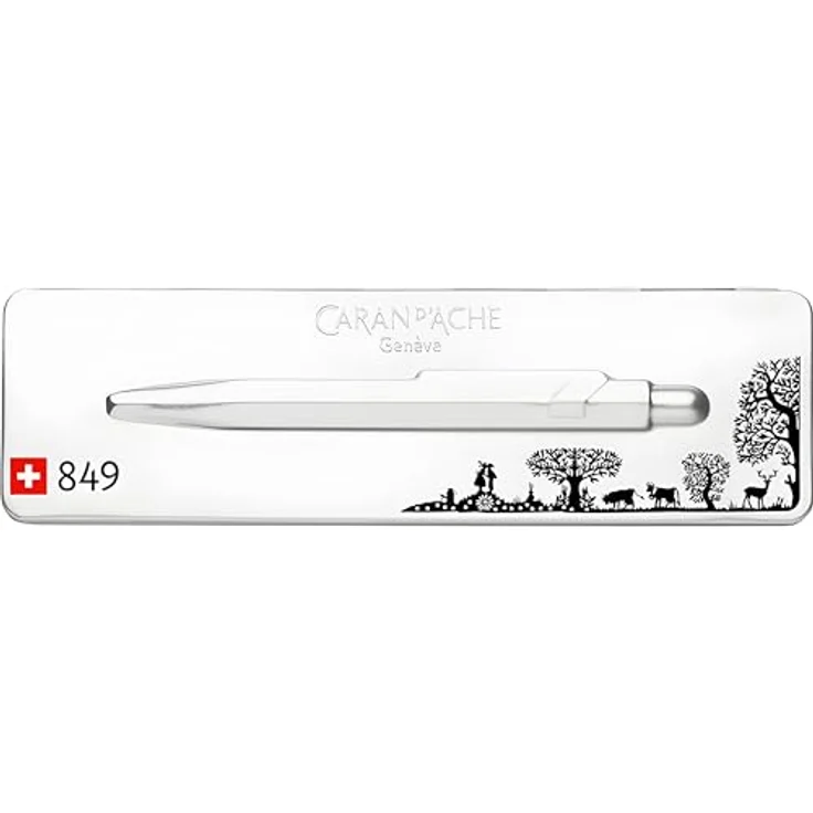 Caran d'Ache 849 Scherenschnitt, Kugelschreiber mit sechseckigem Aluminium-Schaft und Etui (Silber, Schwarz) – Bild 2
