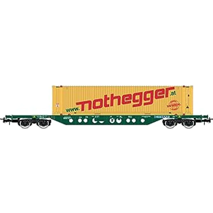 Rivarossi CEMAT Containerwagen Typ Sgnss, grün lackiert, neues CEMAT-Logo, mit 45-Fuß-Container „Nothegger“, Epoche VI
