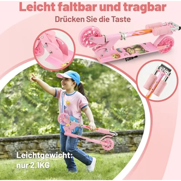 TENBOOM Kinder Scooter, Klappbar und höhenverstellbar, mit 2 LED leuchtenden Rädern, Tretroller für 3-10 Jahre, Aluminiumrahmen, hintere Bremse – Bild 3