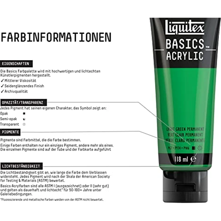 Liquitex Basics 8870024 Acrylfarbe, monopigmentierte Künstlerpigmente, lichtecht, mittlere Viskosität, seidenglänzender Finish, 118ml Tube - Hellgrün Permanent – Bild 3