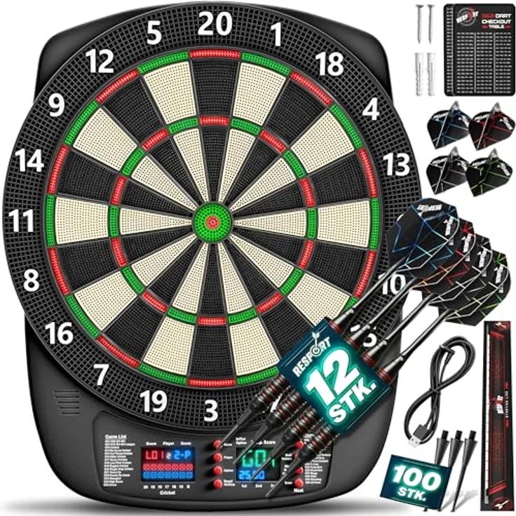 RE:SPORT® Dartscheibe Elektronisch Profi Set, E-Dartautomat für 1–8 Spieler mit 427 Varianten, 12 Softdarts, 24 Flights, LED Anzeige und umfangreichem Zubehör – Bild 1