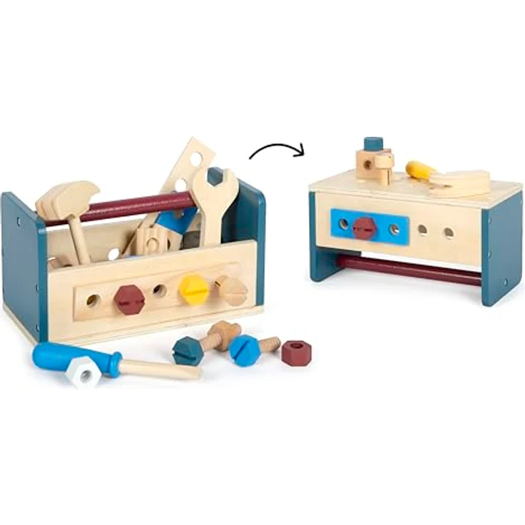 Small Foot Spielwerkzeugkoffer Werkzeugkasten/Werkbank Workshop, 33-tlg. aus Holz mit Hammer, Schraubendreher, Zubehör und Konstruktionsanleitungen – Bild 1