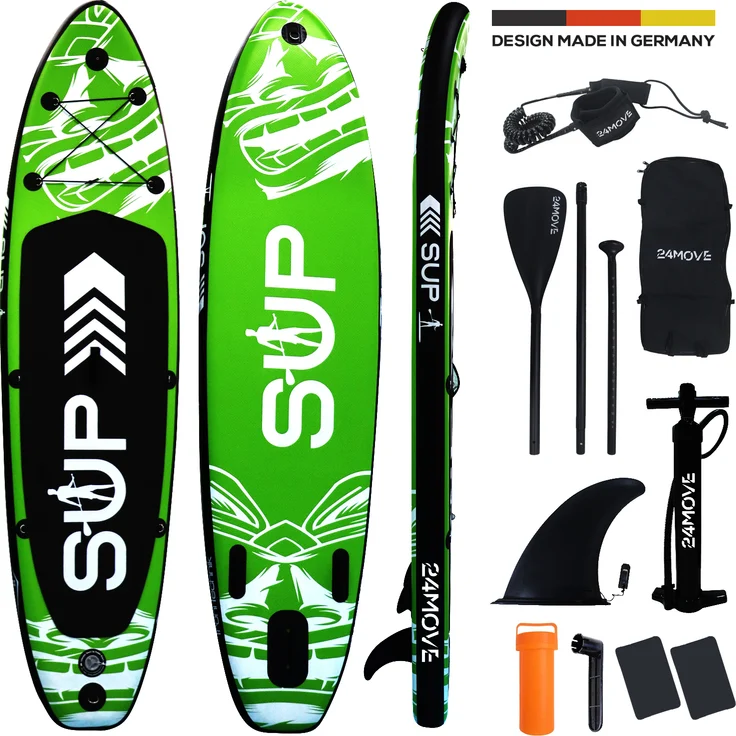 24MOVE® Standup Paddle Board SUP, aufblasbar, inkl. Paddel, Hochdruckpumpe und Zubehör, GRÜN, 305x76x15cm, Drop Stitch Technologie, Anti-Rutsch-Oberfläche, 3 Finnen, D-Ringe, Sicherheitsleine