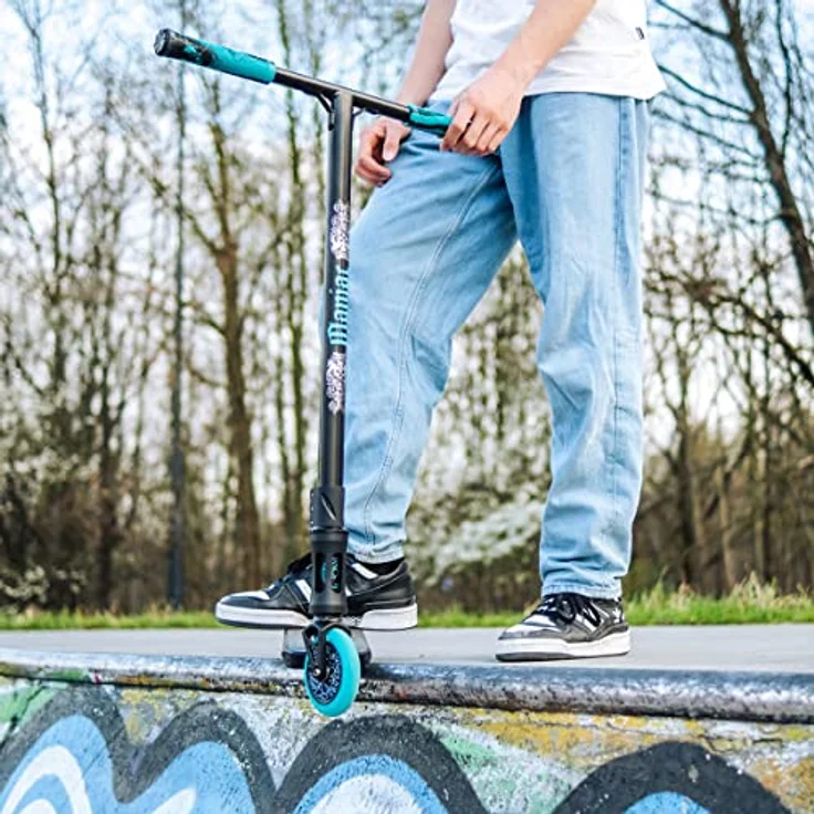 Movino Stunt Scooter Maniac, Street-Setup für Fortgeschrittene, Aluminium Box-Cut Deck, Blau/Holo, 110 mm Fullcore-Rollen – Bild 2