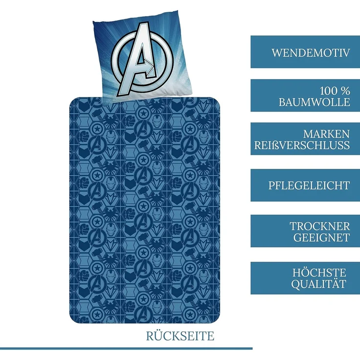 MTOnlinehandel Bettwäsche Avengers Marvel 135x200 + 80x80 cm, 100 % Baumwolle, Renforcé, 2 teilig, Jungen Kinderbettwäsche mit Captain America, Iron Man, Hulk & Thor – Bild 4