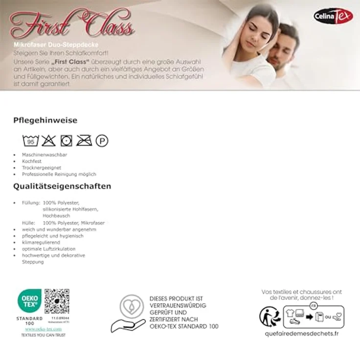 CelinaTex First Class Duo Steppdecken Winterdecke Set 135 x 200 cm mit Kopfkissen 80 x 80 cm, isolierendes Luftpolster, geeignet für Allergiker, waschbar bis 95 Grad, Mikrofaser, blau – Bild 5