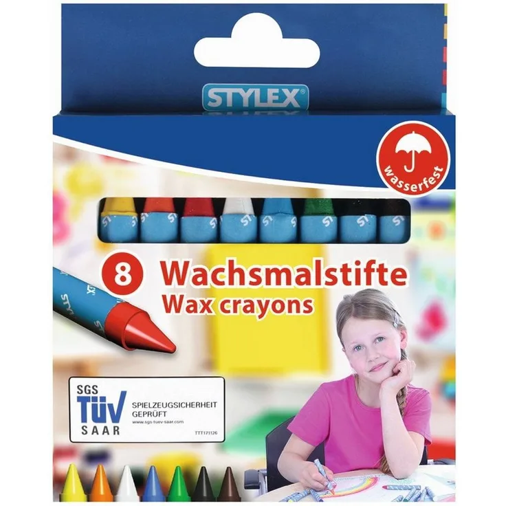 Stylex Schreibwaren Wachsmalstift 8er Set, inklusive Papierbanderole, verschiedene Farben