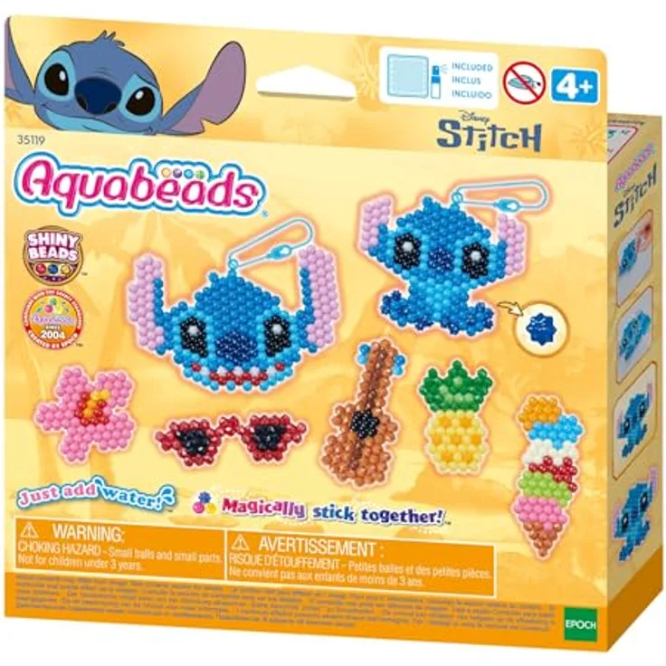 Aquabeads Kreativset Stitch, Schlüsselanhänger Bastelset mit 700 bunten Perlen, inkl. Glitzer- und Polygonperlen, für Kinder ab 4 Jahren
