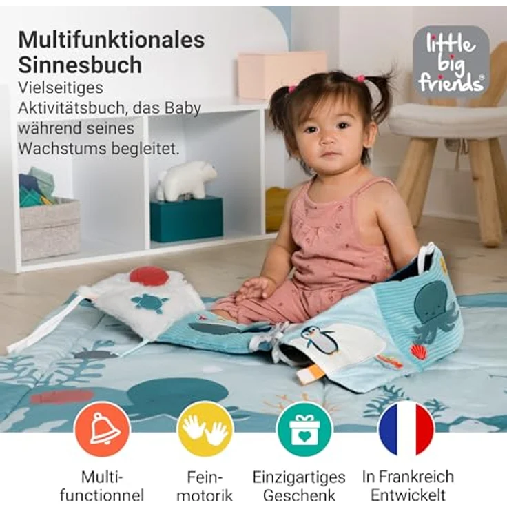 Little Big Friends Soft Activity Book 2 in 1, Mehrzweck-Entwicklungsspielzeug mit Beißring und einfacher Befestigung am Kinderbett – Bild 3