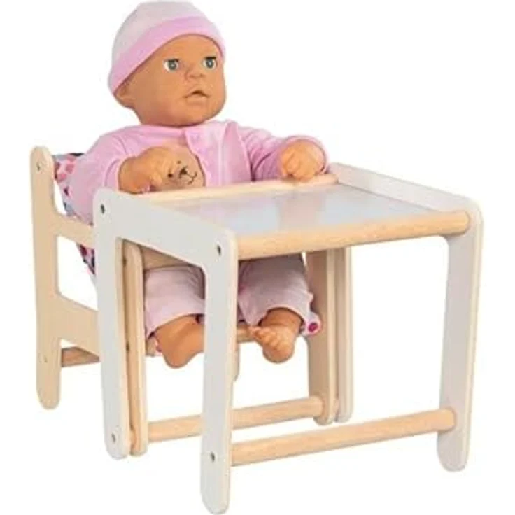goki 51483 - Hochstuhl als Zubehör für Puppen mit Tisch - im modernen farbenfrohen Design - 2 in 1 Funktion - Puppenmöbel aus Holz und Stoff – Bild 4