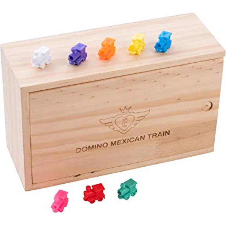 Engelhart - Domino Mexican Train/Zug -Premium- Qualität - Dobbel 12 - 2-8 Spieler - 91 farbige Dominosteine 9mm dick - in Holzkiste + 8 farbige Züge und Bahnhof – Bild 3