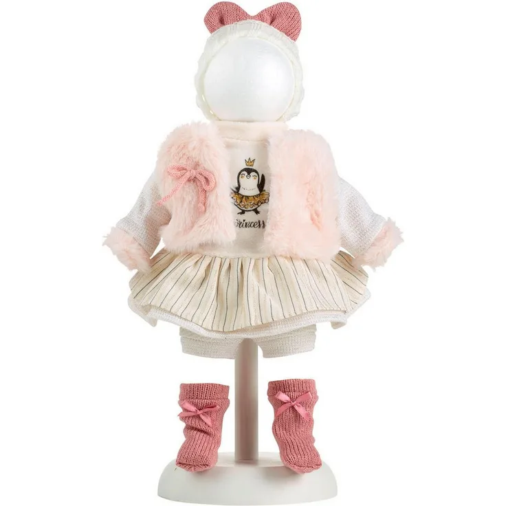 Llorens Puppenkleidung Kleiderset Pinguin, 35 cm, Rock-Pullover-Kombi mit Weste, Söckchen und Mütze mit rosa Schleife