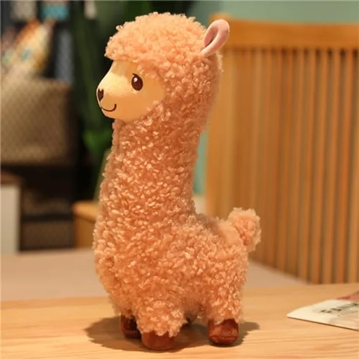 Herfair Alpaka Kuscheltier, Plüsch Lama aus weicher Lammfellwolle, 33 cm, braun, ideales Geschenk für Kinder
