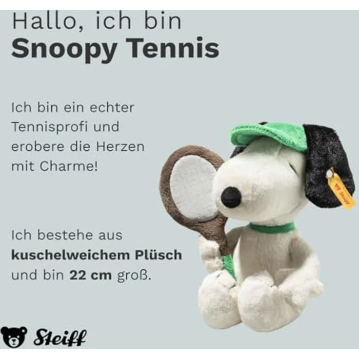 Steiff Kuscheltier Snoopy Tennis, Plüschtier für Kinder, 22 cm, weiß, Handwäsche, Original Steiff Qualität – Bild 2