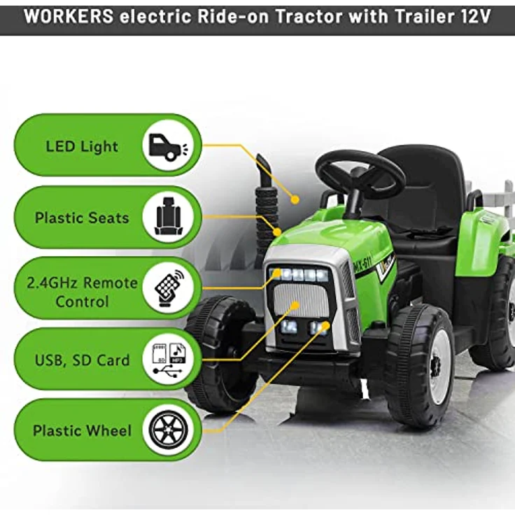 RIRICAR Elektro Traktor für Kinder 12V Workers mit Anhänger, Grün, 12-V-Batterie, breitem Sitz, 2,4-GHz-Fernbedienung, MP3-Player mit Bluetooth und SD-Eingang, LED-Leuchten – Bild 4