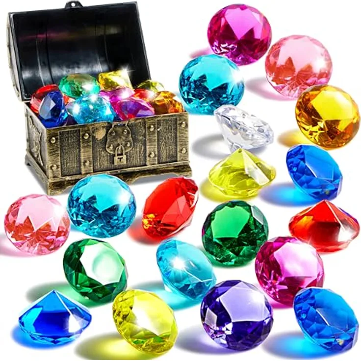 Sloosh Tauch-Edelsteine, Pool-Spielzeug mit 16 großen bunten Diamanten und Piraten-Schatztruhe, Schwimmtraining, Geschenk, Wasserpool-Spiele (Gold)