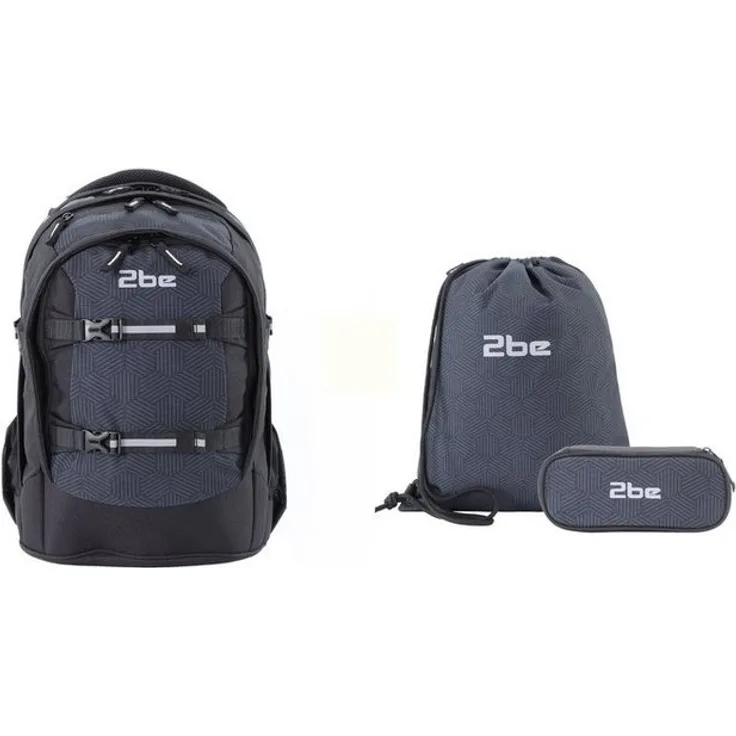 2be Schulrucksack Black Grey, mit Turnbeutel und Federmäppchen, extra leichtes Tragesystem, reflektierende Details, verschiedene Fächer