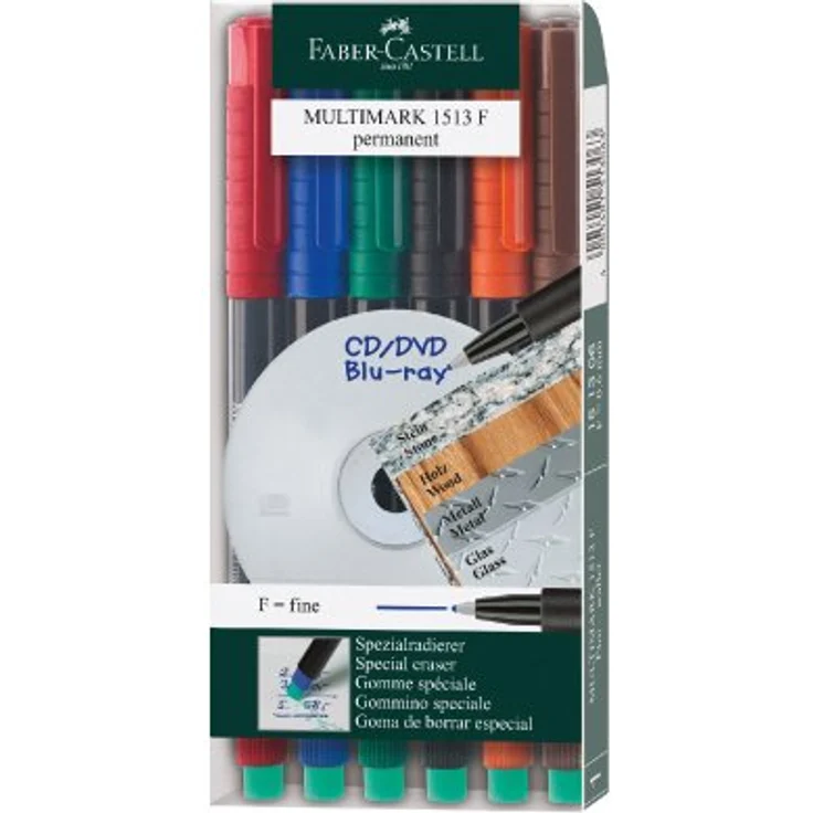 Faber-Castell MULTIMARK Permanentmarker, Stärke F, 6er Etui mit Spezialradierer, wasserfest für CD/DVD/Blu-ray und viele Untergründe – Bild 1