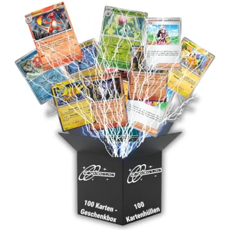cardcosmos 100 Karten Set - Pokemon Karten Deutsch, inkl. 12 Holo/Reverse Holo, 100 Kartenhüllen, keine Duplikate, Sammelkarten Geschenkbox für Kinder & Sammler