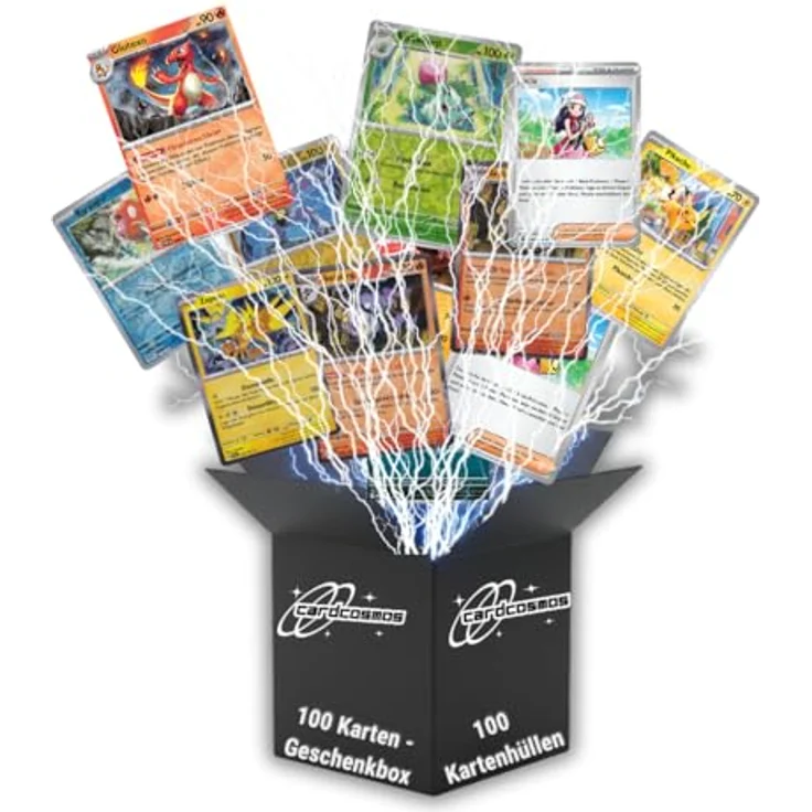 cardcosmos 100 Karten Set - Pokemon Karten Deutsch, inkl. 12 Holo/Reverse Holo, 100 Kartenhüllen, keine Duplikate, Sammelkarten Geschenkbox für Kinder & Sammler – Bild 1
