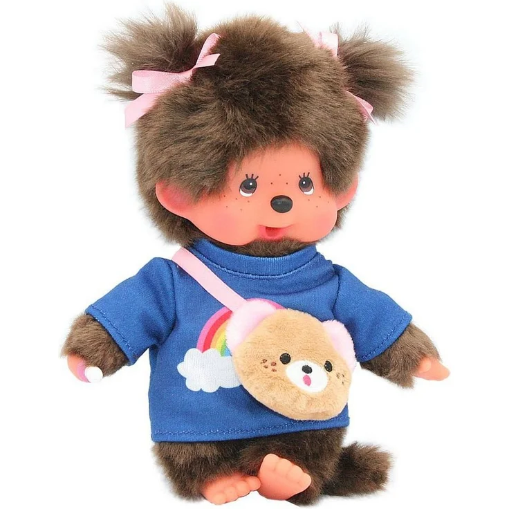 Monchhichi Plüschfigur Kawai Mädchen im Kleid mit Bärentasche 20 cm Monchhichi Puppe, braunes Fell, Kunststoffgesicht, empfohlen ab 24 Monaten – Bild 1