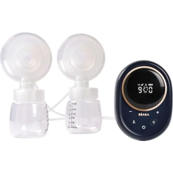 BÉABA Elektrische Doppel-Milchpumpe, halb liegend anwendbar, 3 Modi, 9 Stufen, geräuschlos, großes Fassungsvermögen 180mL, Nachtlicht, Timer, Memory-Funktion, Night blue