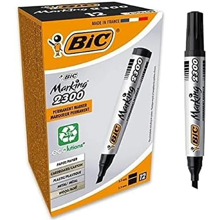 BIC Marking 2300 Permanent Marker, in Schwarz, Wasserfester Stift auch für Karton, Glas und Kunststoff, Strichstärke 3.7 mm, 12er Pack