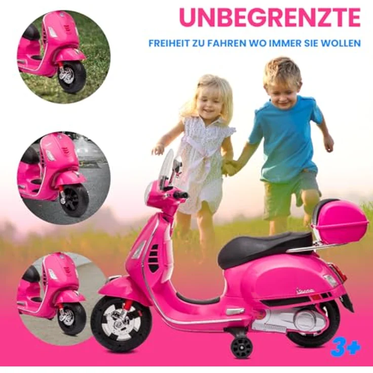 Sun Baby Vespa Elektro Kindermotorrad ab 3 Jahren, Kunststoffräder und -sitze, Kofferraum, MP3-Player, USD MicroSD AUX-Anschluss (Fuchsie) – Bild 4