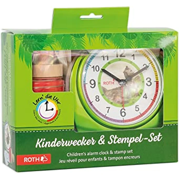 ROTH Lernuhr mit Stempelset Tyrannosaurus, Geschenkset aus Kinder-Wecker und Stempel mit Farbkissen (Dino) – Bild 2