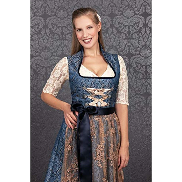 Edelnice Dirndl Estelle, Midi Dirndl in blau und beige-gold, Jaquard Stoff mit Blumenmuster, Exclusive Kollektion – Bild 8