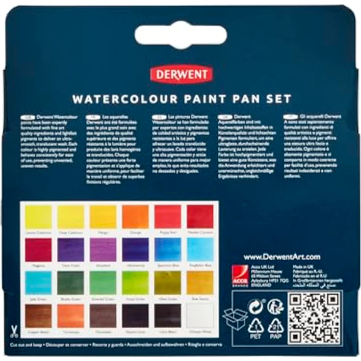 Derwent Aquarellfarben Malkasten 24-teiliger Watercolour Paint Pan, wasserlösliche Farben, Profi-Qualität, inklusive Mini-Wassertankpinsel, Reisegröße, 2306260 – Bild 3