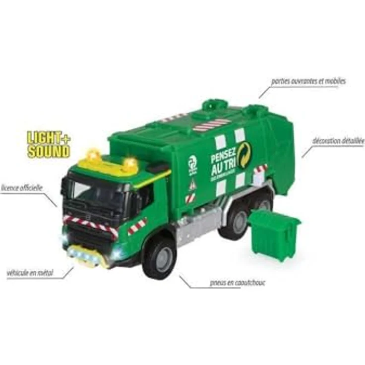Majorette Volvo Freilauf-Müllwagen, Maßstab 1:43, mit Sound- und Lichtfunktionen, grün – Bild 4