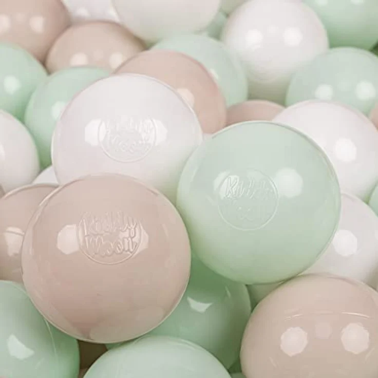 KiddyMoon 300 Bälle/7 cm Einfarbige Plastikbälle für Bällebad, Pastellbeige/Weiß/Minze, BPA-frei, Made in EU – Bild 1