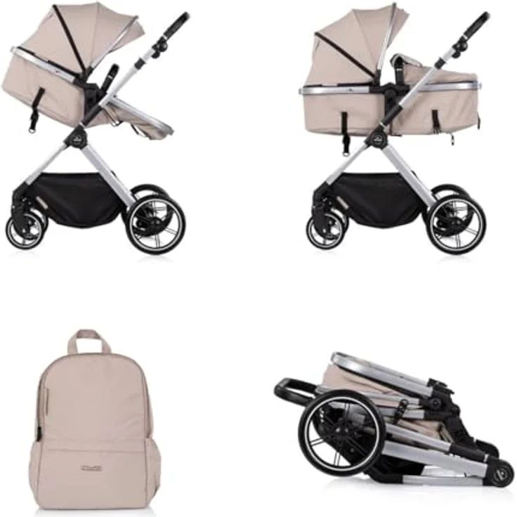 Chipolino Kombikinderwagen Pearl 2 in 1, umbaubar mit Rucksack und Fußsack, hellbraun, leichte Federung, ab Geburt bis 22 kg – Bild 4