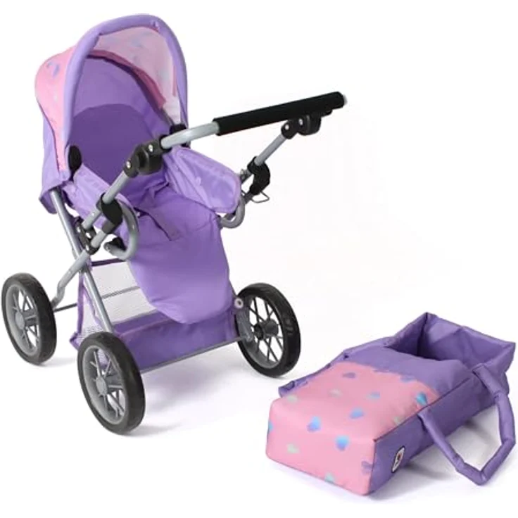 Bayer Chic 2000® 3in1 Kombi Puppenwagen Leni, faltbar, höhenverstellbarer Griff 43-67 cm, lila Herzchen, inkl. Tragetasche für Puppen bis 46 cm, ab 3 J. – Bild 3