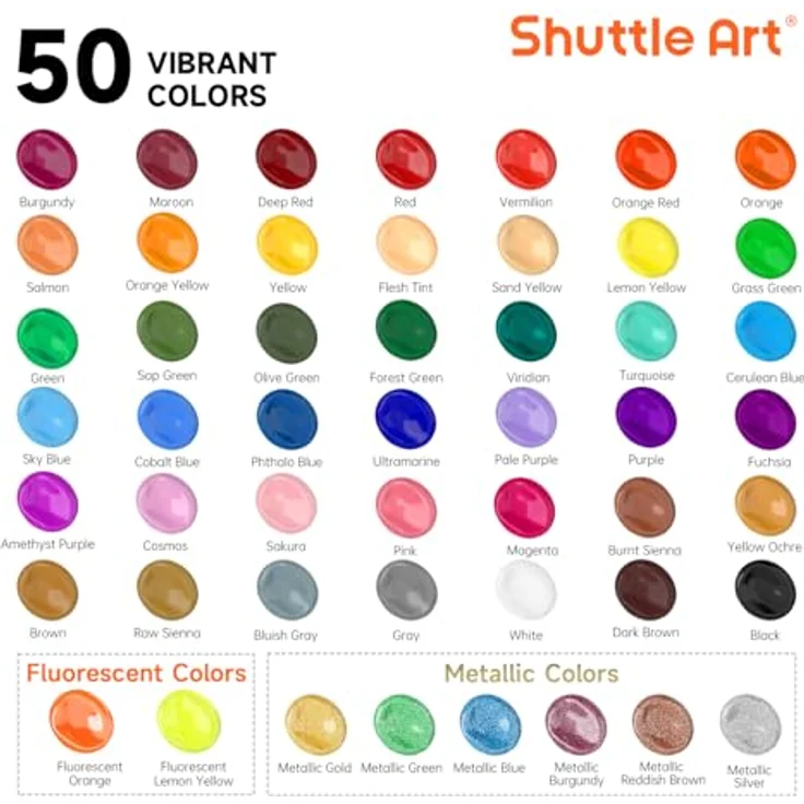 Shuttle Art Acrylfarben Set, 50 hochpigmentierte, ungiftige Acrylfarben in 60ml Flaschen, wasserfest für Leinwand, Holz, Steine – Bild 3