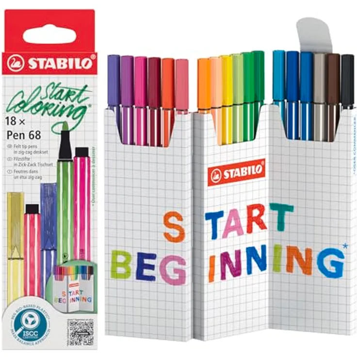 STABILO Filzstift Pen 68, Zick-Zack Tischset mit 18 Farbstiften, vielseitig für Kreativität und Journaling